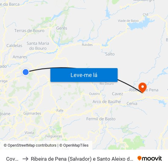 Covelas to Ribeira de Pena (Salvador) e Santo Aleixo de Além-Tâmega map