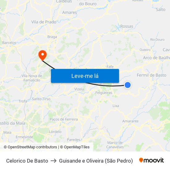 Celorico De Basto to Guisande e Oliveira (São Pedro) map