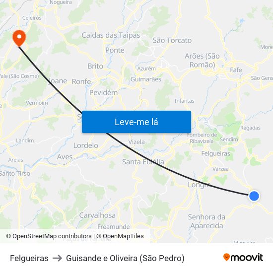 Felgueiras to Guisande e Oliveira (São Pedro) map