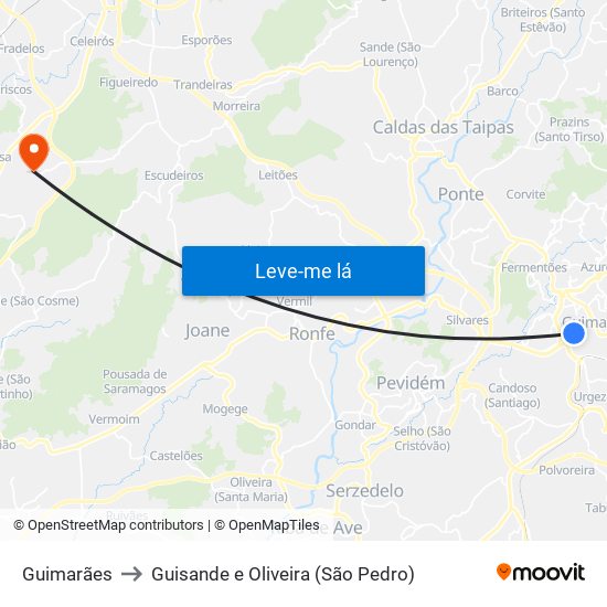 Guimarães to Guisande e Oliveira (São Pedro) map