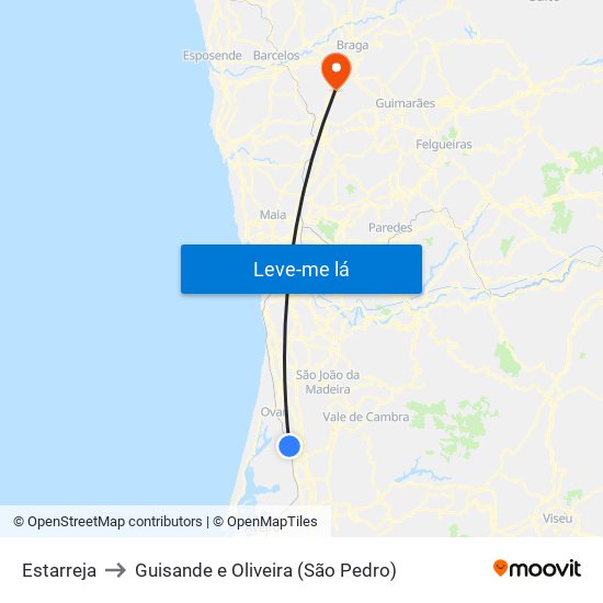 Estarreja to Guisande e Oliveira (São Pedro) map