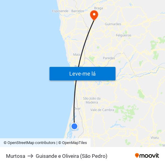 Murtosa to Guisande e Oliveira (São Pedro) map