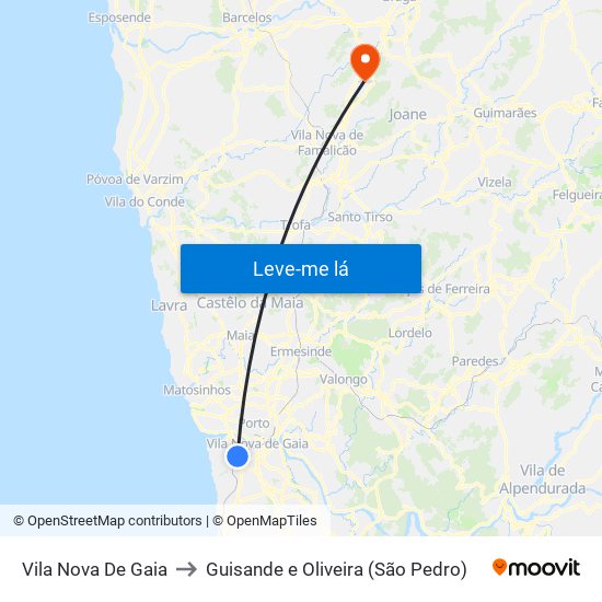 Vila Nova De Gaia to Guisande e Oliveira (São Pedro) map