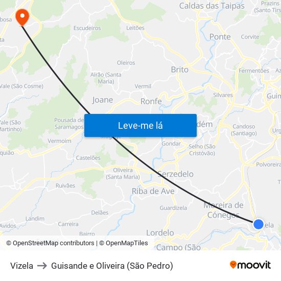 Vizela to Guisande e Oliveira (São Pedro) map