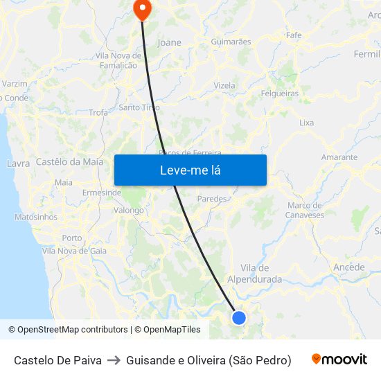 Castelo De Paiva to Guisande e Oliveira (São Pedro) map