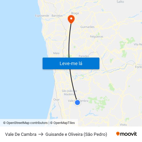 Vale De Cambra to Guisande e Oliveira (São Pedro) map