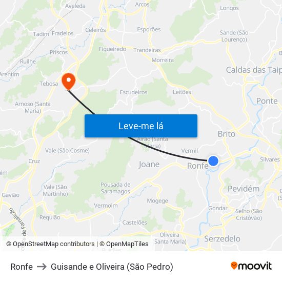 Ronfe to Guisande e Oliveira (São Pedro) map