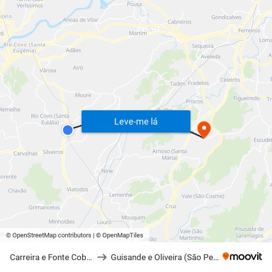 Carreira e Fonte Coberta to Guisande e Oliveira (São Pedro) map