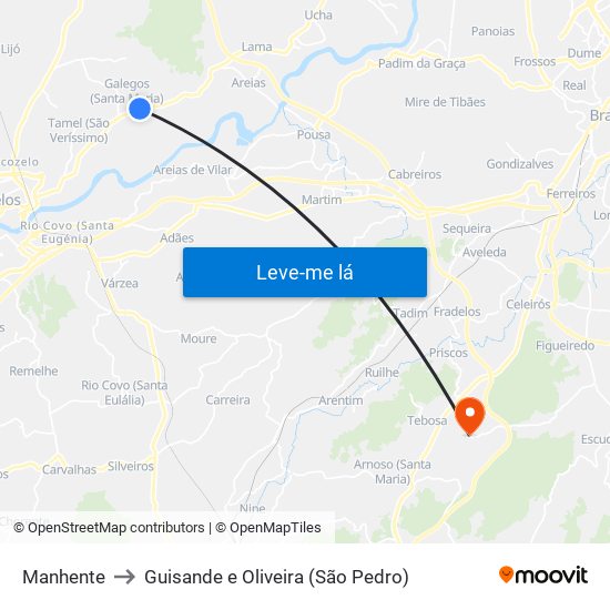 Manhente to Guisande e Oliveira (São Pedro) map