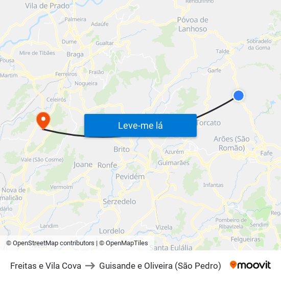 Freitas e Vila Cova to Guisande e Oliveira (São Pedro) map