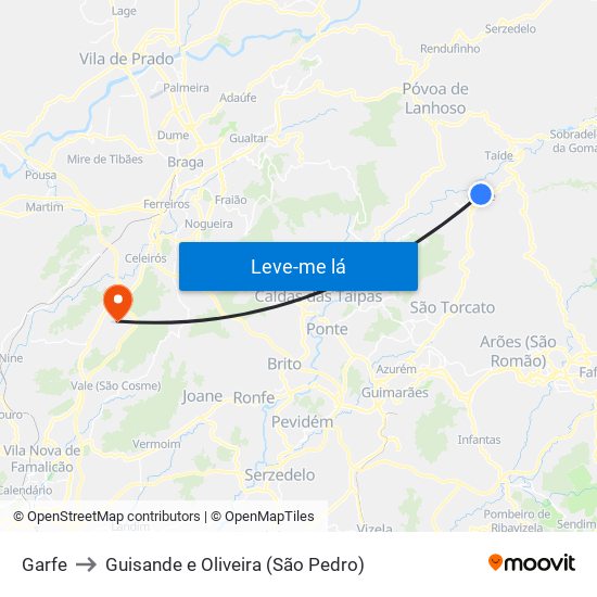 Garfe to Guisande e Oliveira (São Pedro) map