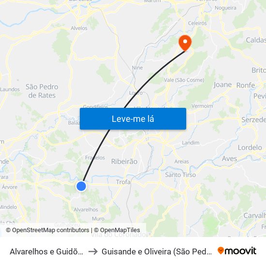 Alvarelhos e Guidões to Guisande e Oliveira (São Pedro) map
