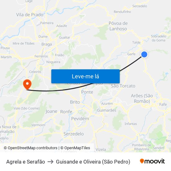 Agrela e Serafão to Guisande e Oliveira (São Pedro) map