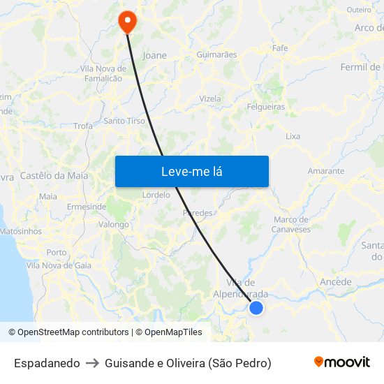 Espadanedo to Guisande e Oliveira (São Pedro) map