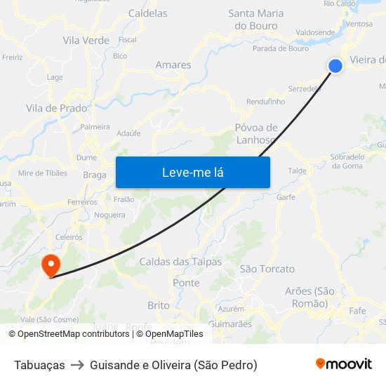 Tabuaças to Guisande e Oliveira (São Pedro) map