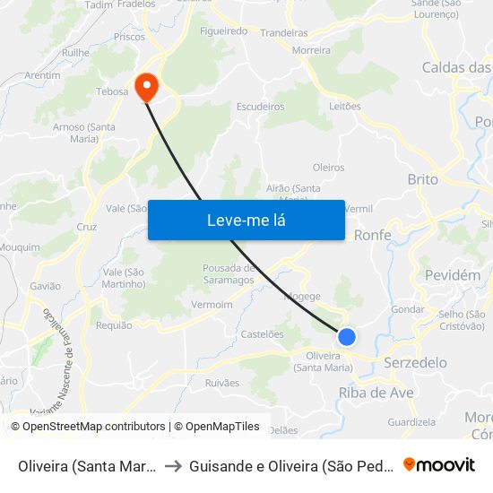Oliveira (Santa Maria) to Guisande e Oliveira (São Pedro) map