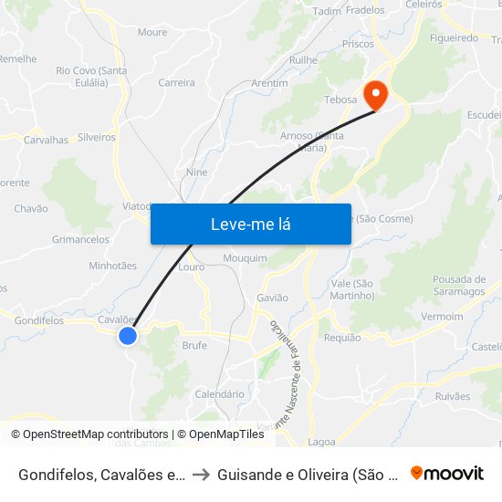 Gondifelos, Cavalões e Outiz to Guisande e Oliveira (São Pedro) map