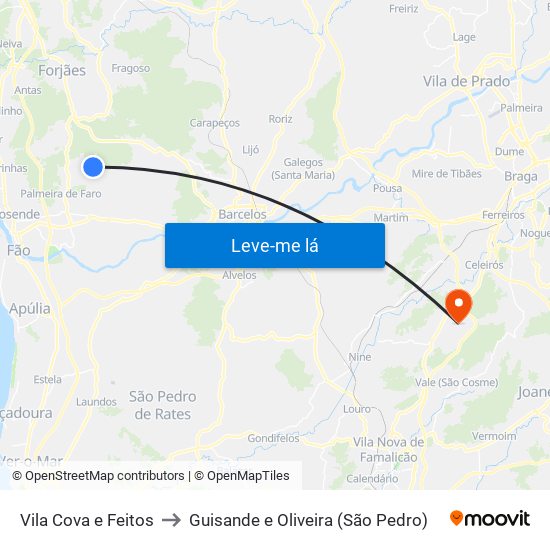 Vila Cova e Feitos to Guisande e Oliveira (São Pedro) map