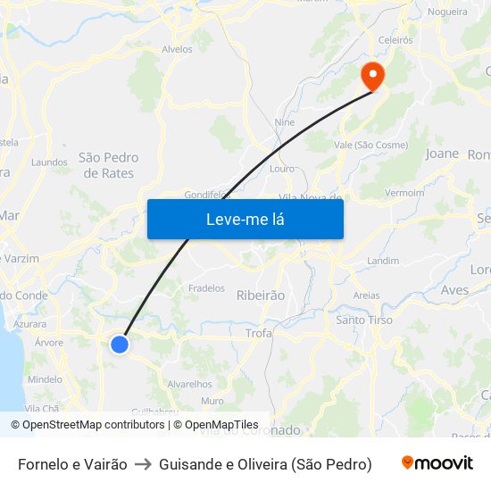 Fornelo e Vairão to Guisande e Oliveira (São Pedro) map