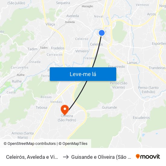 Celeirós, Aveleda e Vimieiro to Guisande e Oliveira (São Pedro) map
