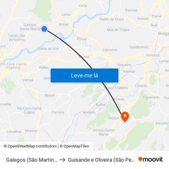 Galegos (São Martinho) to Guisande e Oliveira (São Pedro) map