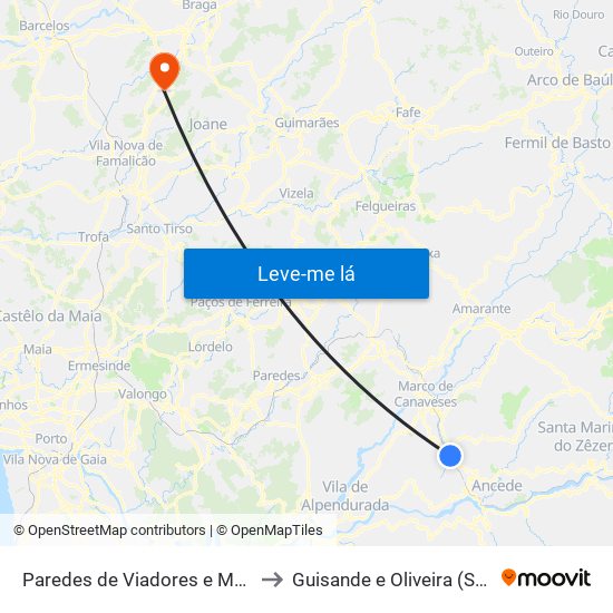 Paredes de Viadores e Manhuncelos to Guisande e Oliveira (São Pedro) map