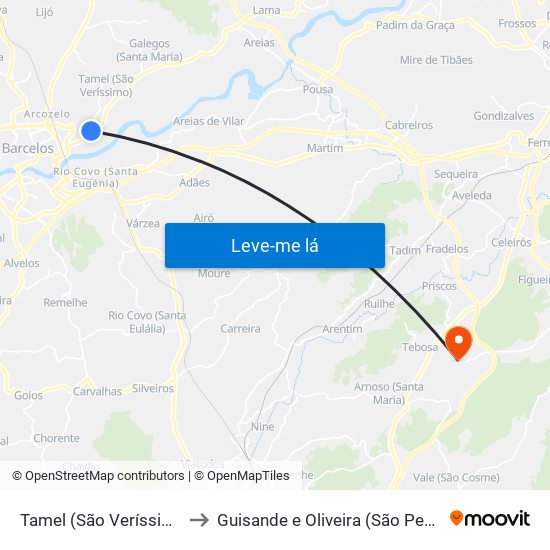 Tamel (São Veríssimo) to Guisande e Oliveira (São Pedro) map