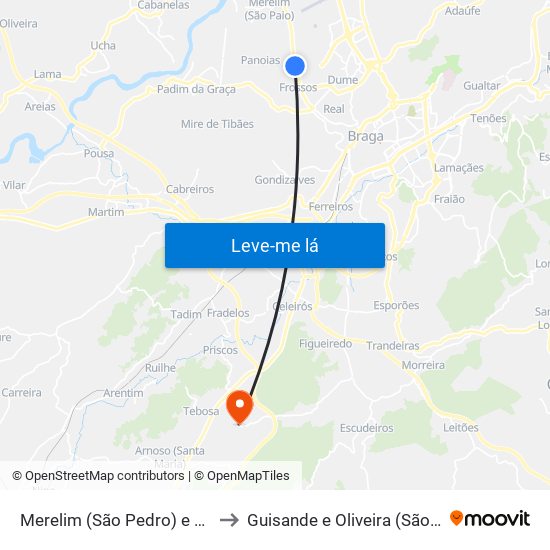 Merelim (São Pedro) e Frossos to Guisande e Oliveira (São Pedro) map
