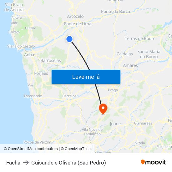 Facha to Guisande e Oliveira (São Pedro) map