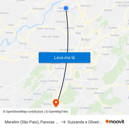 Merelim (São Paio), Panoias e Parada de Tibães to Guisande e Oliveira (São Pedro) map