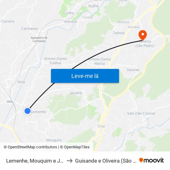 Lemenhe, Mouquim e Jesufrei to Guisande e Oliveira (São Pedro) map