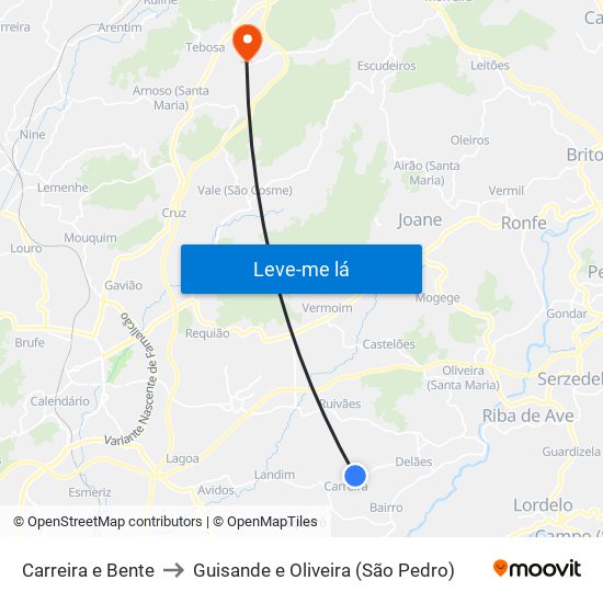 Carreira e Bente to Guisande e Oliveira (São Pedro) map