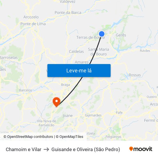Chamoim e Vilar to Guisande e Oliveira (São Pedro) map