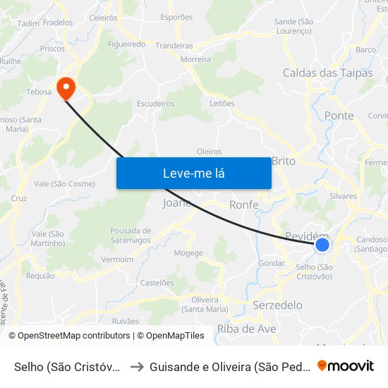 Selho (São Cristóvão) to Guisande e Oliveira (São Pedro) map