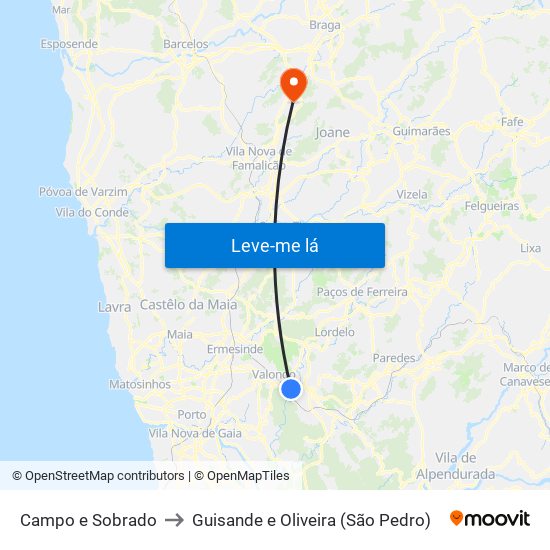 Campo e Sobrado to Guisande e Oliveira (São Pedro) map