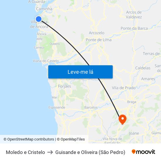 Moledo e Cristelo to Guisande e Oliveira (São Pedro) map