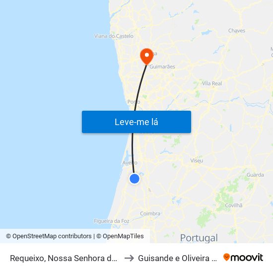 Requeixo, Nossa Senhora de Fátima e Nariz to Guisande e Oliveira (São Pedro) map