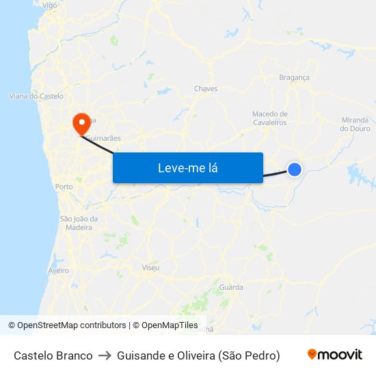 Castelo Branco to Guisande e Oliveira (São Pedro) map