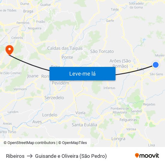 Ribeiros to Guisande e Oliveira (São Pedro) map