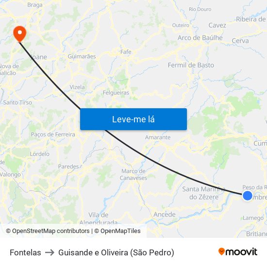 Fontelas to Guisande e Oliveira (São Pedro) map