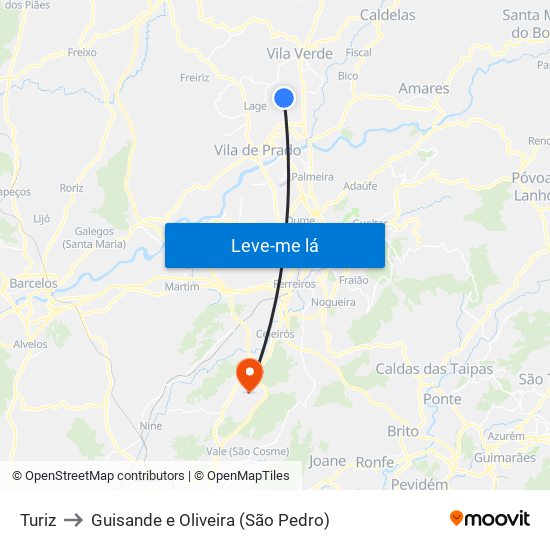 Turiz to Guisande e Oliveira (São Pedro) map