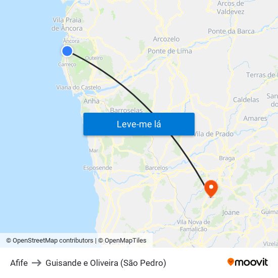 Afife to Guisande e Oliveira (São Pedro) map