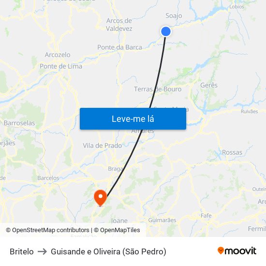 Britelo to Guisande e Oliveira (São Pedro) map