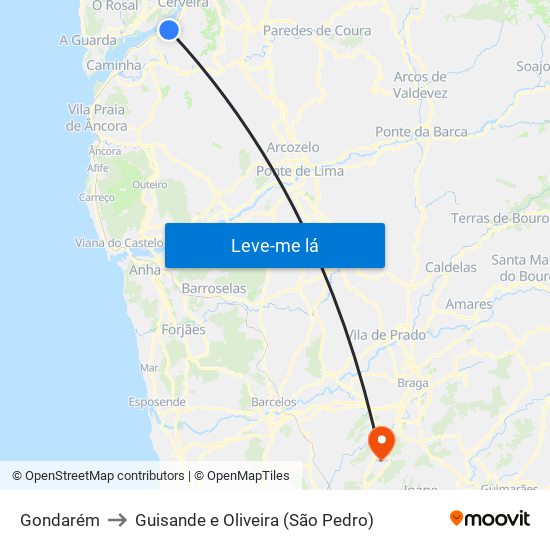 Gondarém to Guisande e Oliveira (São Pedro) map