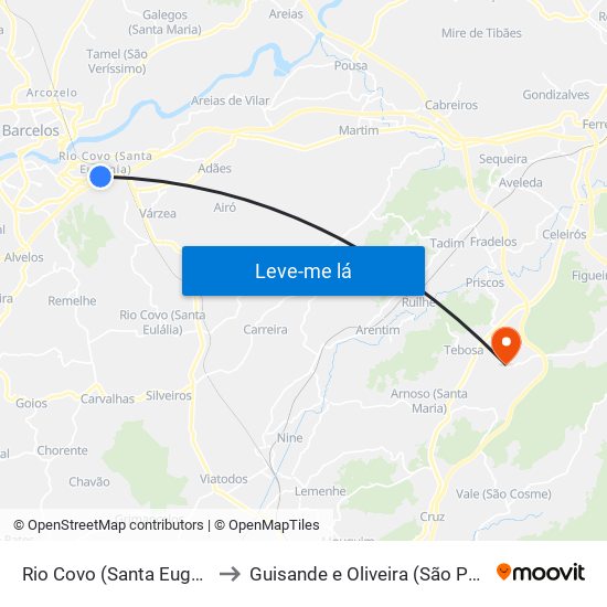 Rio Covo (Santa Eugénia) to Guisande e Oliveira (São Pedro) map