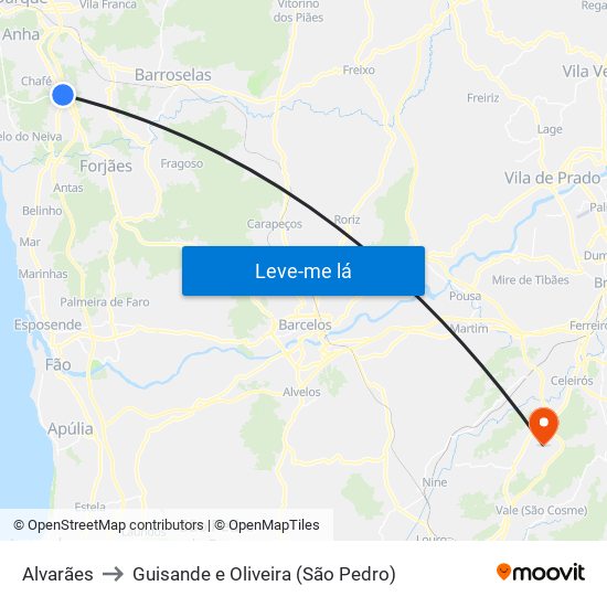 Alvarães to Guisande e Oliveira (São Pedro) map