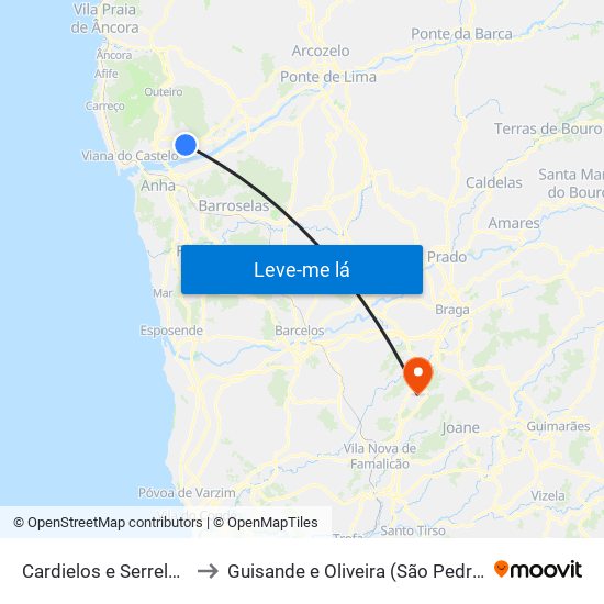 Cardielos e Serreleis to Guisande e Oliveira (São Pedro) map