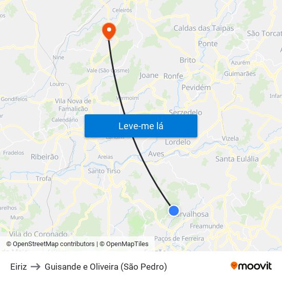 Eiriz to Guisande e Oliveira (São Pedro) map