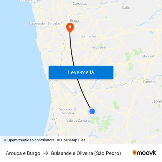 Arouca e Burgo to Guisande e Oliveira (São Pedro) map