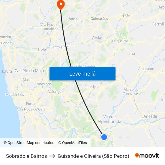 Sobrado e Bairros to Guisande e Oliveira (São Pedro) map